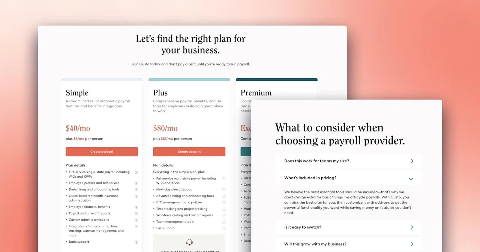 gusto-pricing-page A screenshot of Gusto's pricing page on desktop on an orange gradient backdrop.