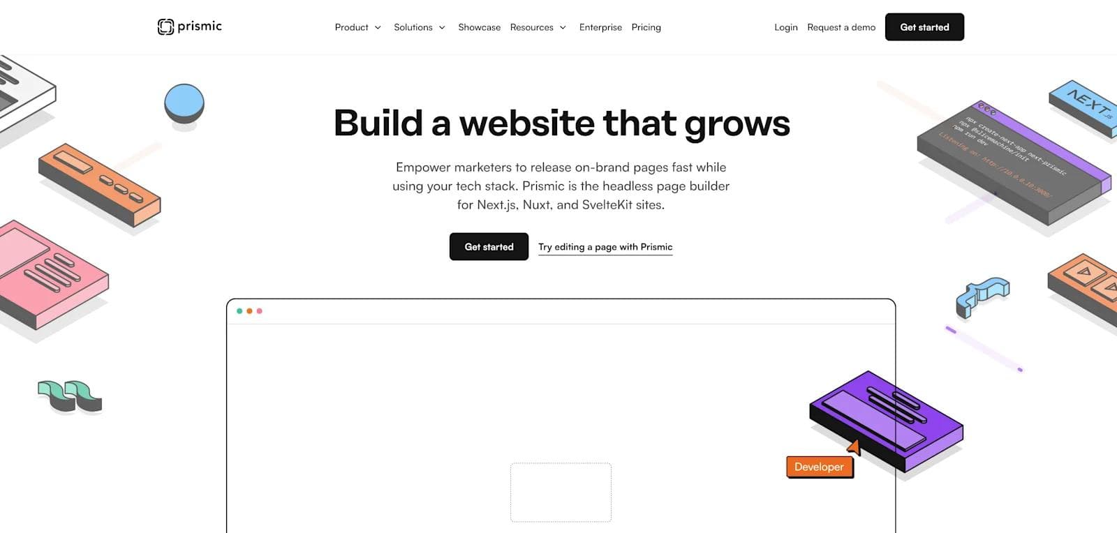 prismic website A website interface showcasing Prismic, a headless page builder, with colorful graphics and a call to action.