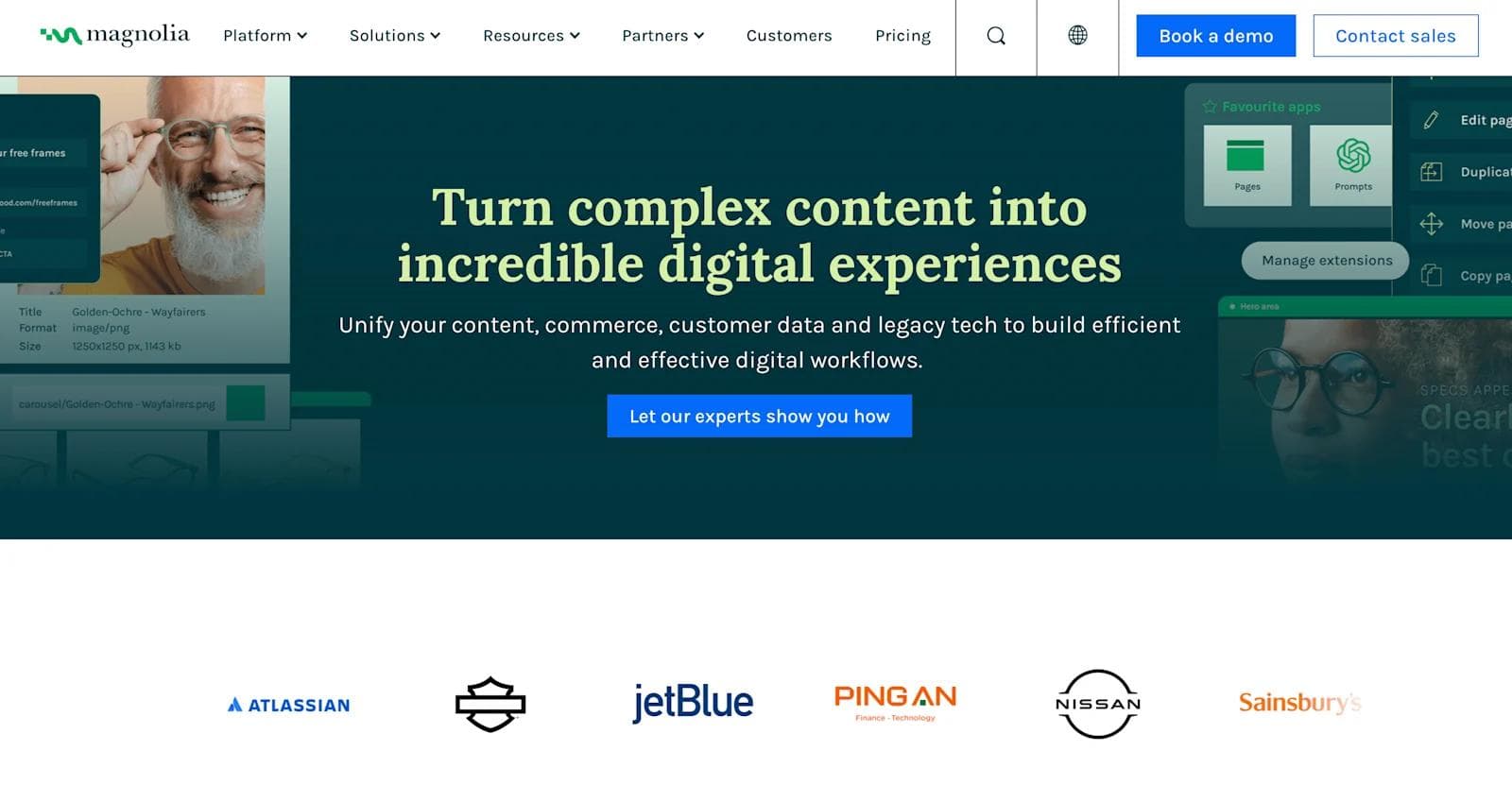 magnolia cms website Homepage of Magnolia, promoting digital content solutions with logos of partner companies at the bottom.
