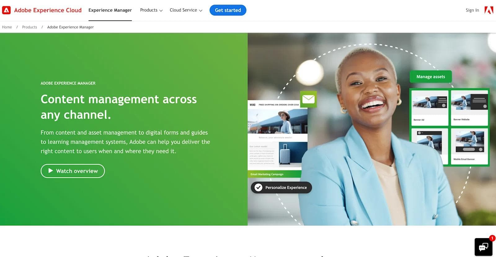 aem-website Adobe Experience Manager promotes content management across channels with a smiling woman presenting digital assets.