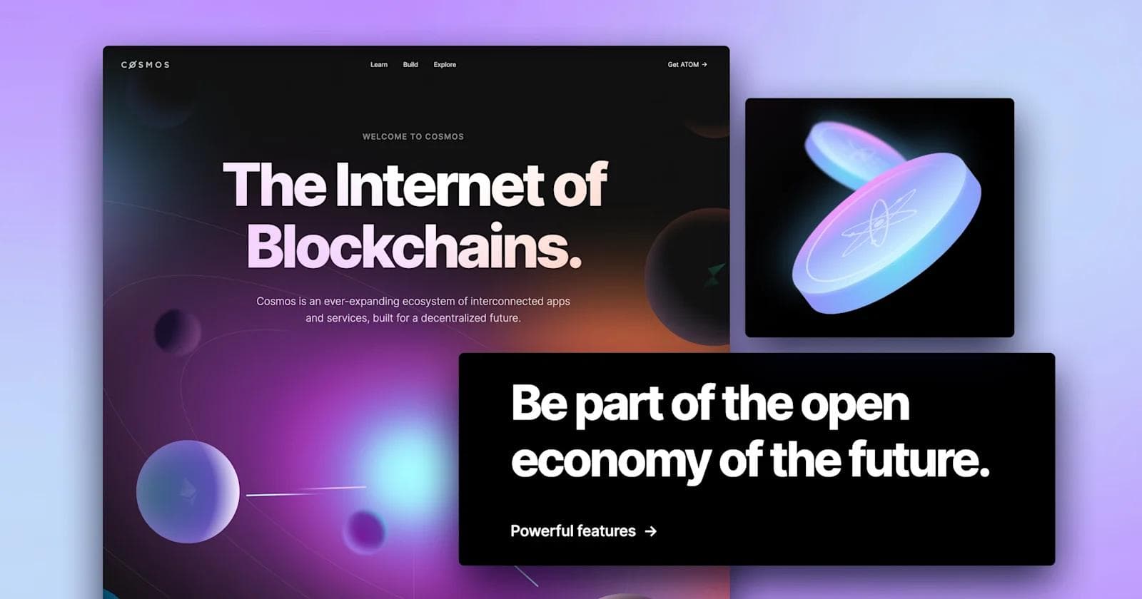 cosmos-web3-homepage A screenshot of the Cosmos homepage over a light purple gradient.