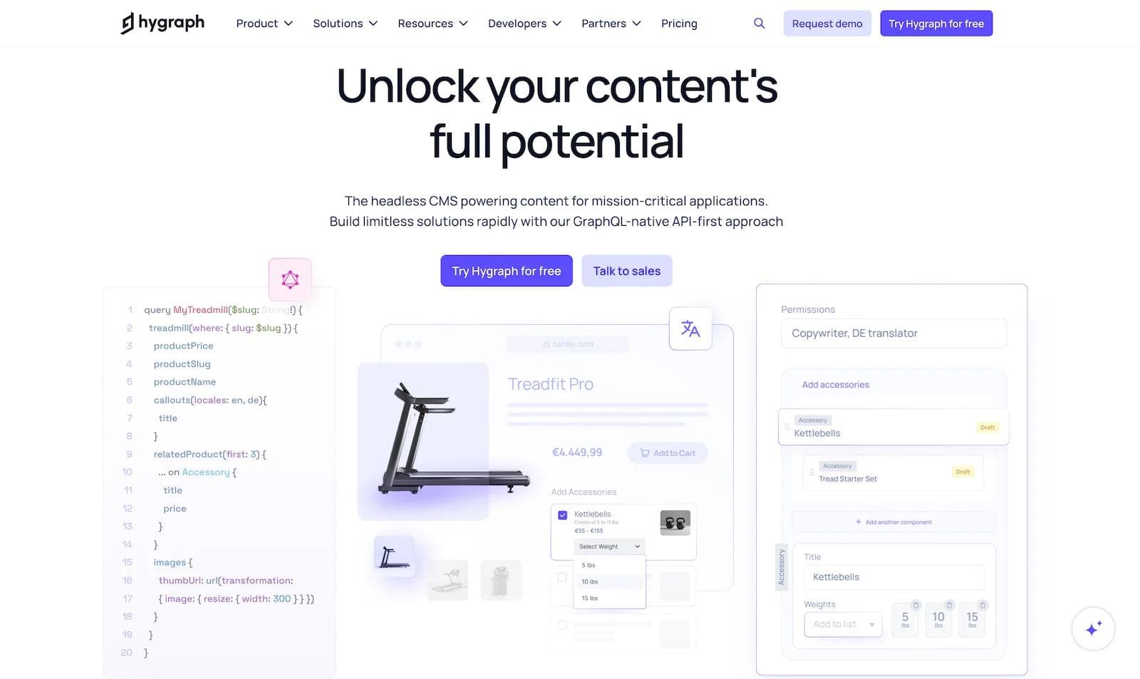 hygraph website A web page showcasing Hygraph's headless CMS features, including a treadmill product and accessory options.