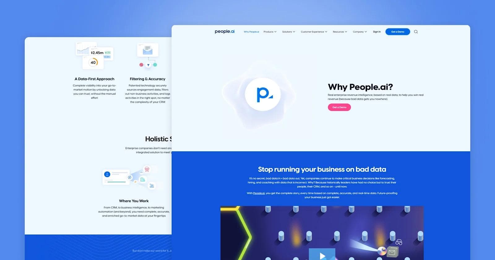 People.ai - Why Us page A webpage showcasing People.ai's services, emphasizing data-driven insights for businesses and encouraging demo sign-ups.
