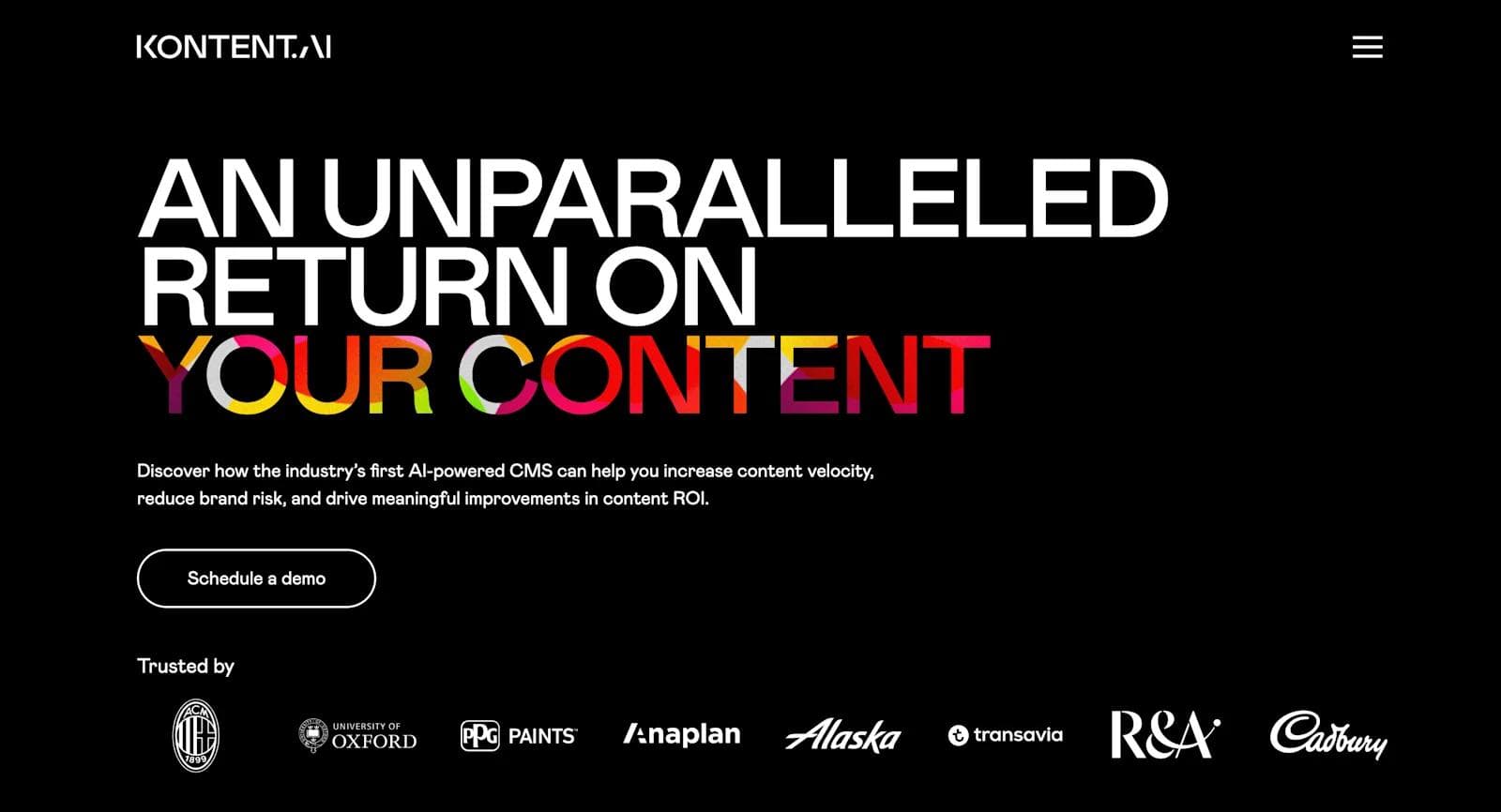 kontentai-website Text promoting an AI-powered CMS to enhance content velocity and ROI, with a demo scheduling option.