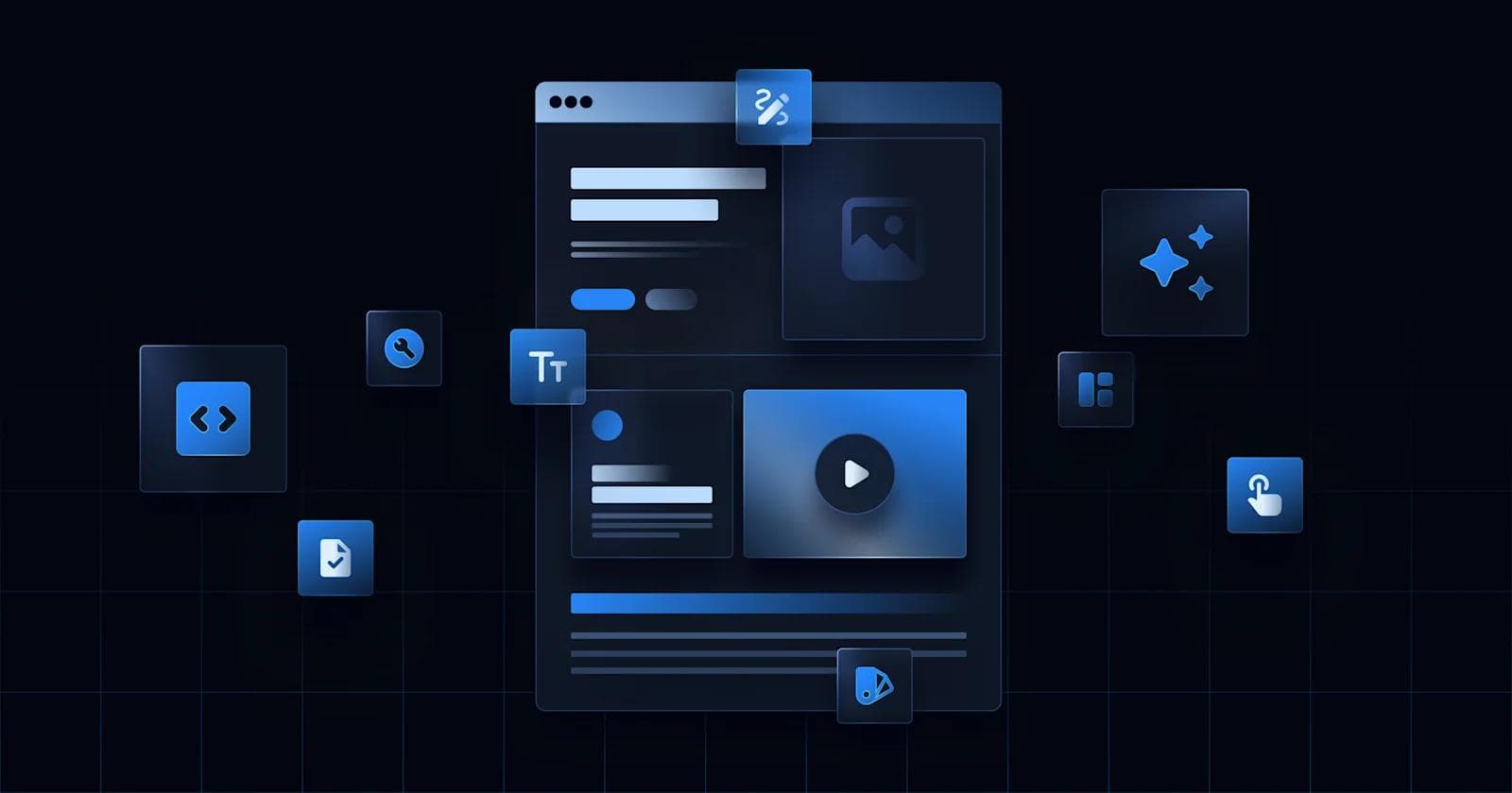 Steps to Designing an ABM Landing Page A dark-themed user interface layout featuring various blue icons for media, text, and design elements.