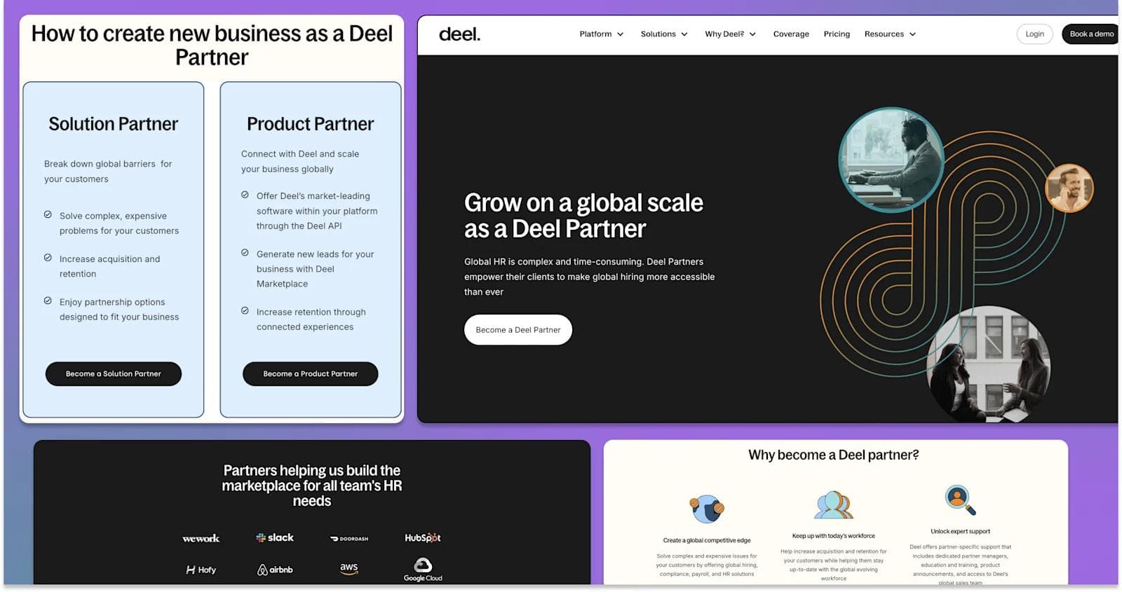 deel partners Webpage layout promoting Deel's partnership options for Solution and Product partners with benefits listed.