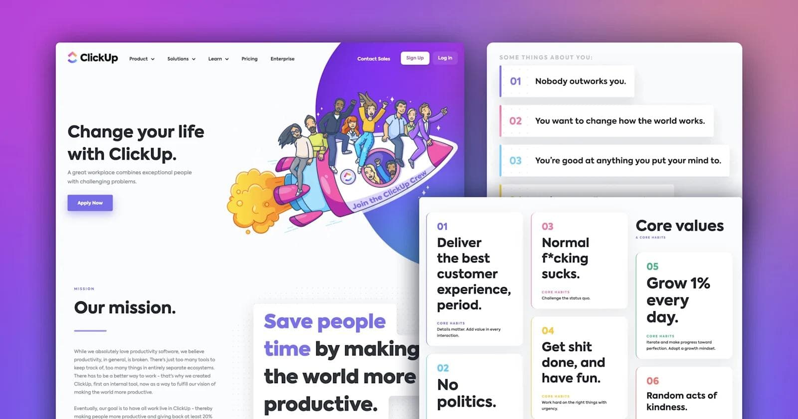clickup-careers-page A collage of screenshots from the ClickUp careers page on a purple gradient backdrop.