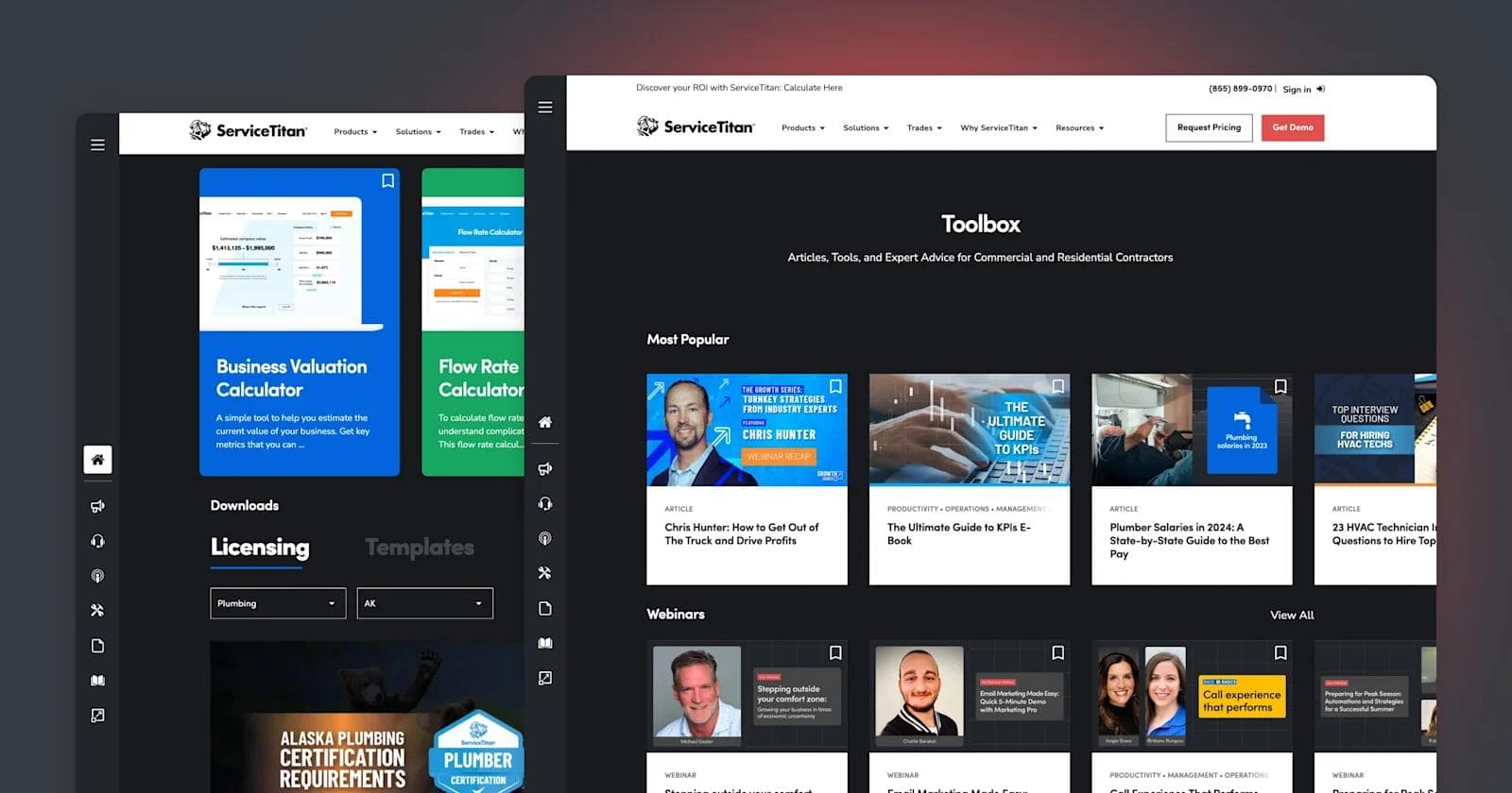 ServiceTitan - Resource Center ServiceTitan website showing calculators, popular articles, and resources for contractors, along with a navigation menu.