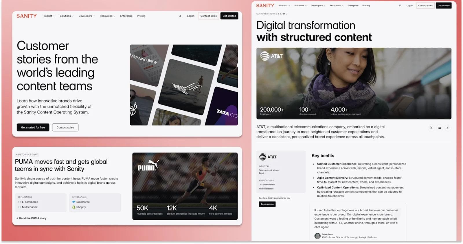 sanity case study Sanity platform showcasing customer stories and digital transformation with structured content for brands like PUMA and AT&T.