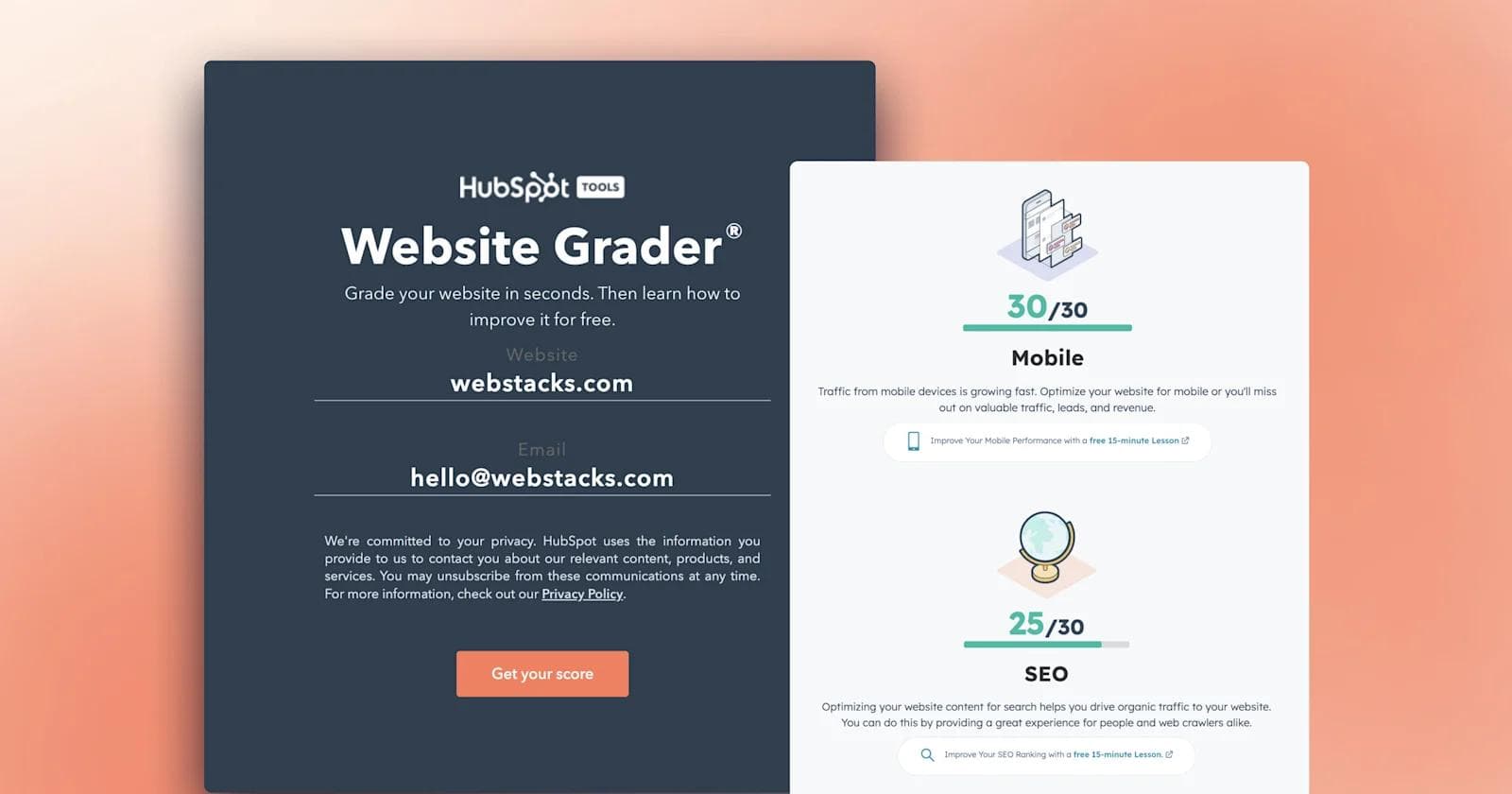 hubspot-website-grader The Hubspot Website Calculator with data from the Webstacks website, showing the mobile and SEO performance metrics.