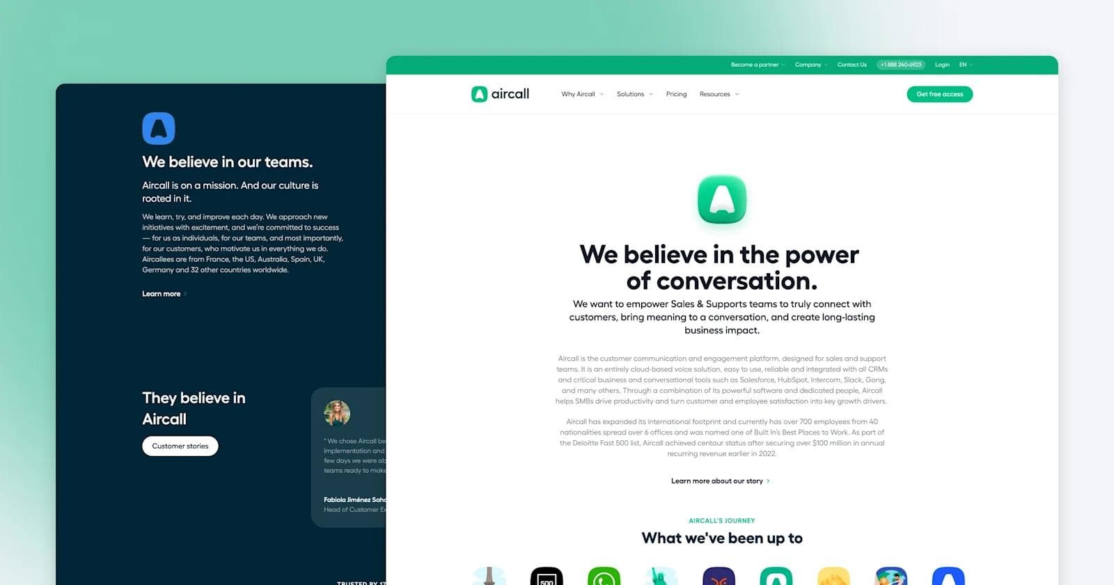 Aircall - About Us page Aircall website showcasing their mission, team focus, and customer communication solutions.