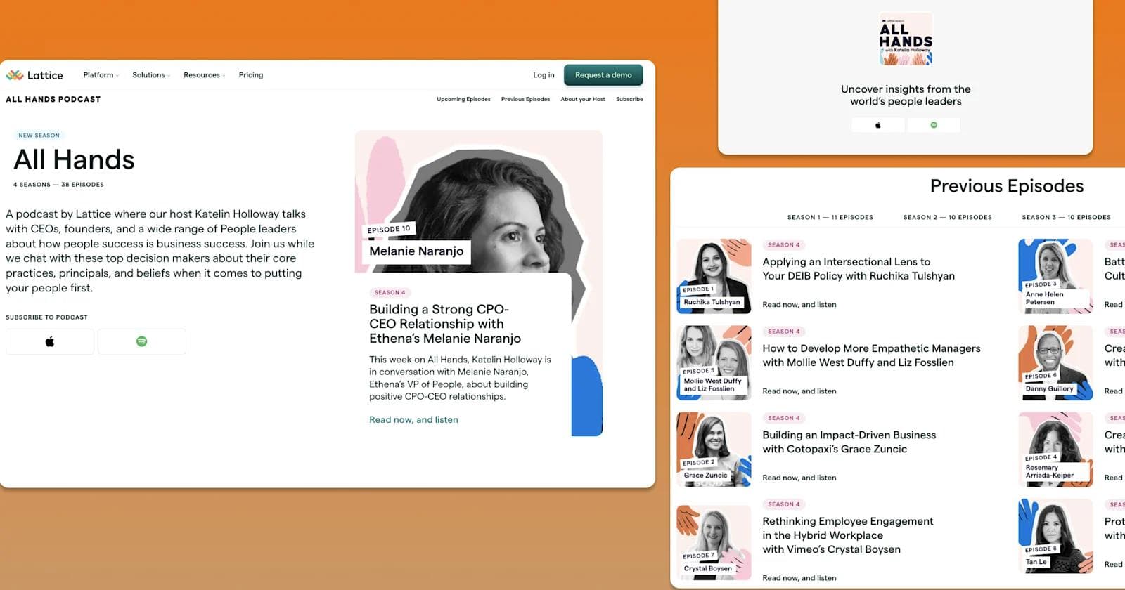 lattice podcast Podcast page for "All Hands," featuring episodes with CEOs and leaders on business success and people management.