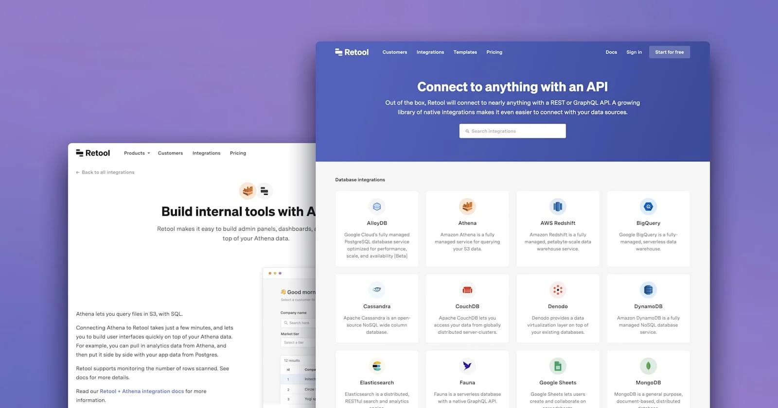 retool-integrations-page Retool's integration listing and details pages.