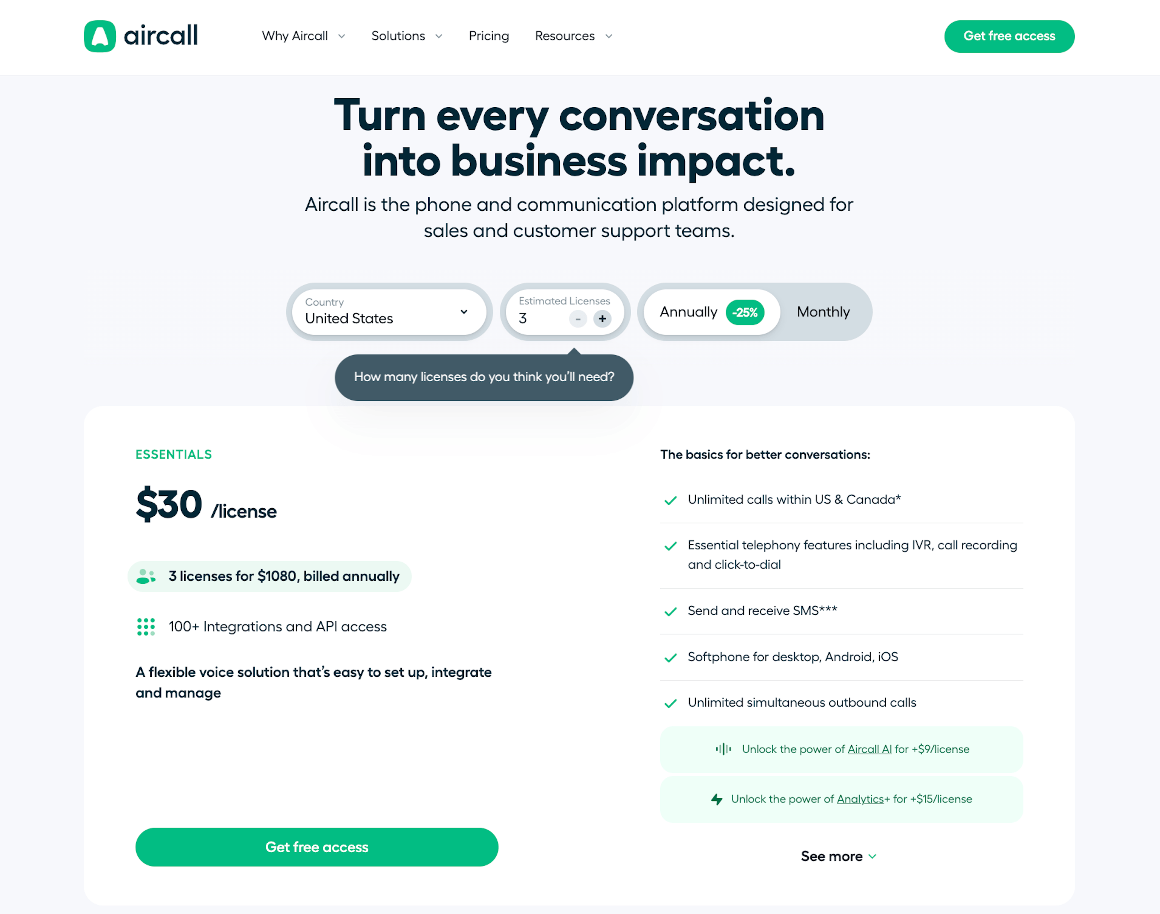 Aircall Pricing Page