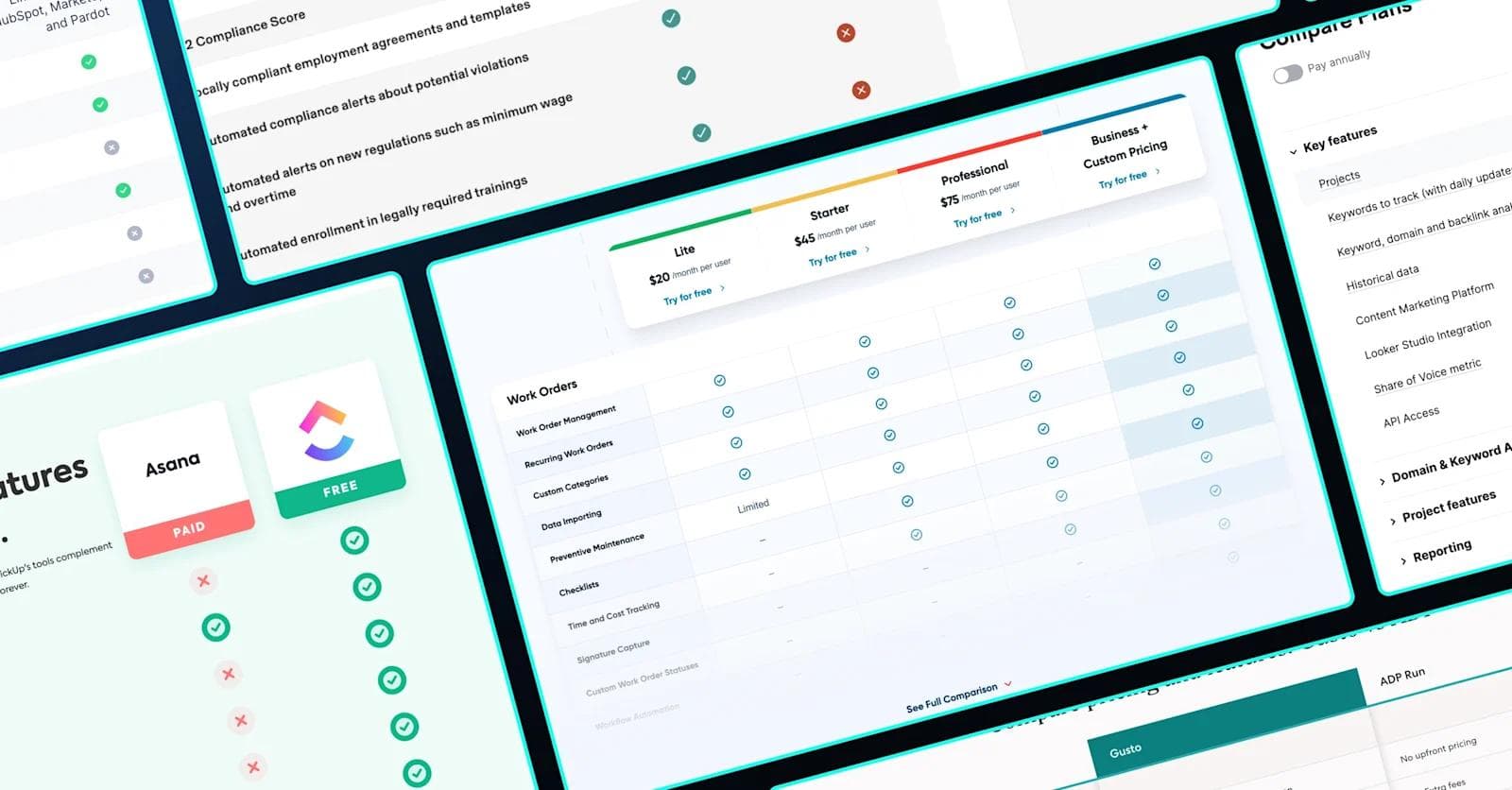 Comparison chart of software plans, highlighting features and pricing for different service tiers.