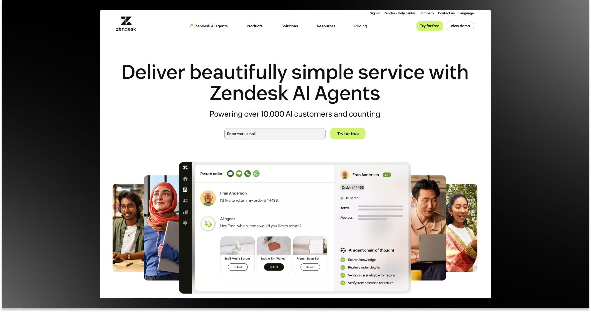 Zendesk AI Agents page featuring service details, customer interaction, and diverse user images.