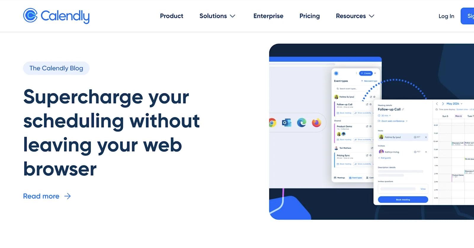 Calendly-blog-design-example Calendly website showing scheduling interface with features and a calendar view.
