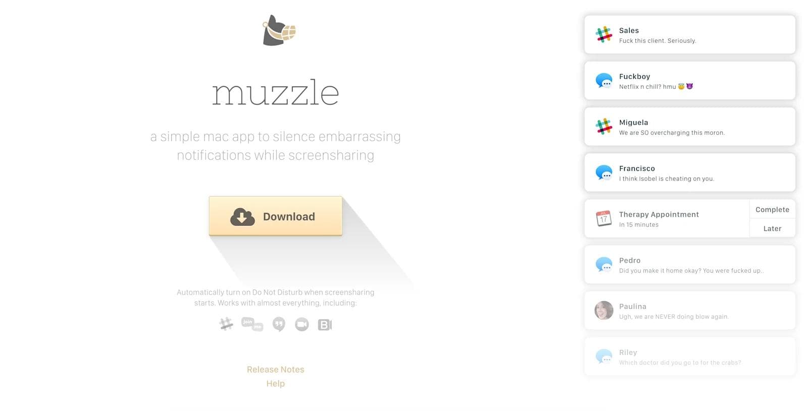 Muzzle Landing Page Screenshot of the Muzzle app interface, designed to silence notifications during screensharing.