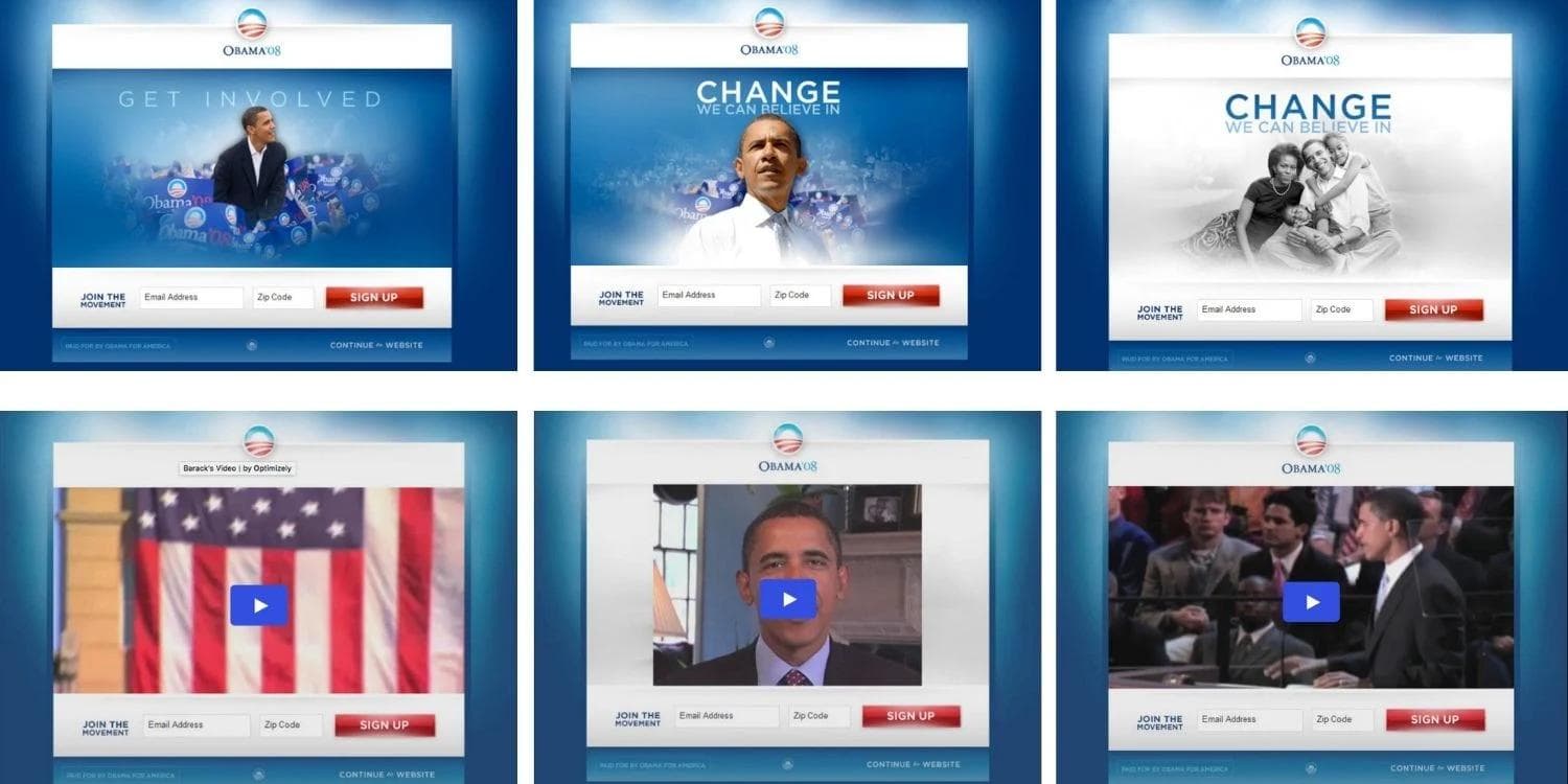 Media Variations Various Obama 2008 campaign website pages promoting involvement and featuring videos, images, and sign-up options.
