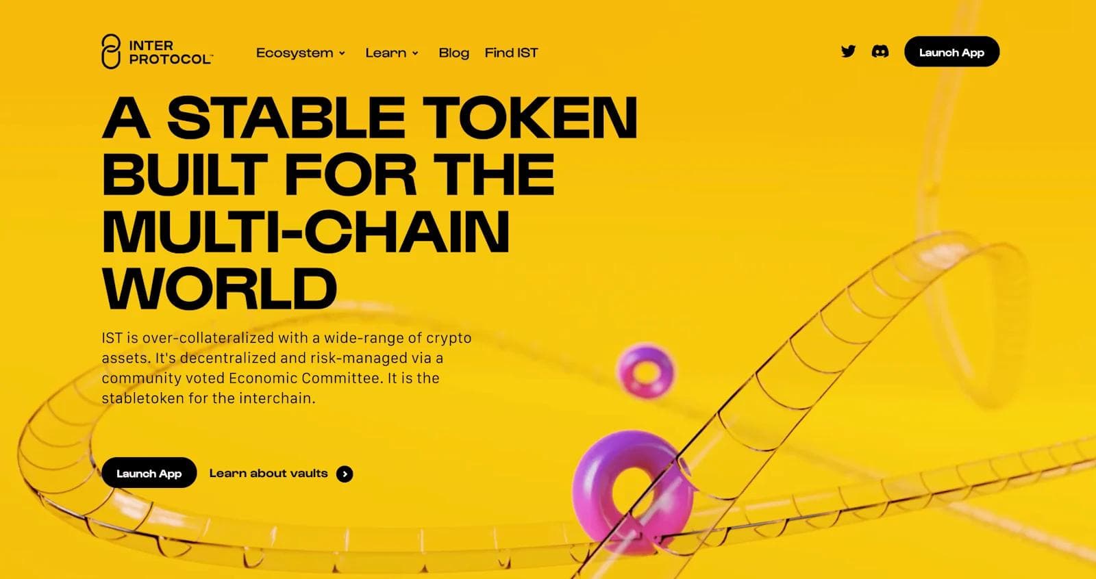 inter protocol Bright yellow background with text about a stablecoin, IST, for multi-chain applications and community-managed economic oversight.