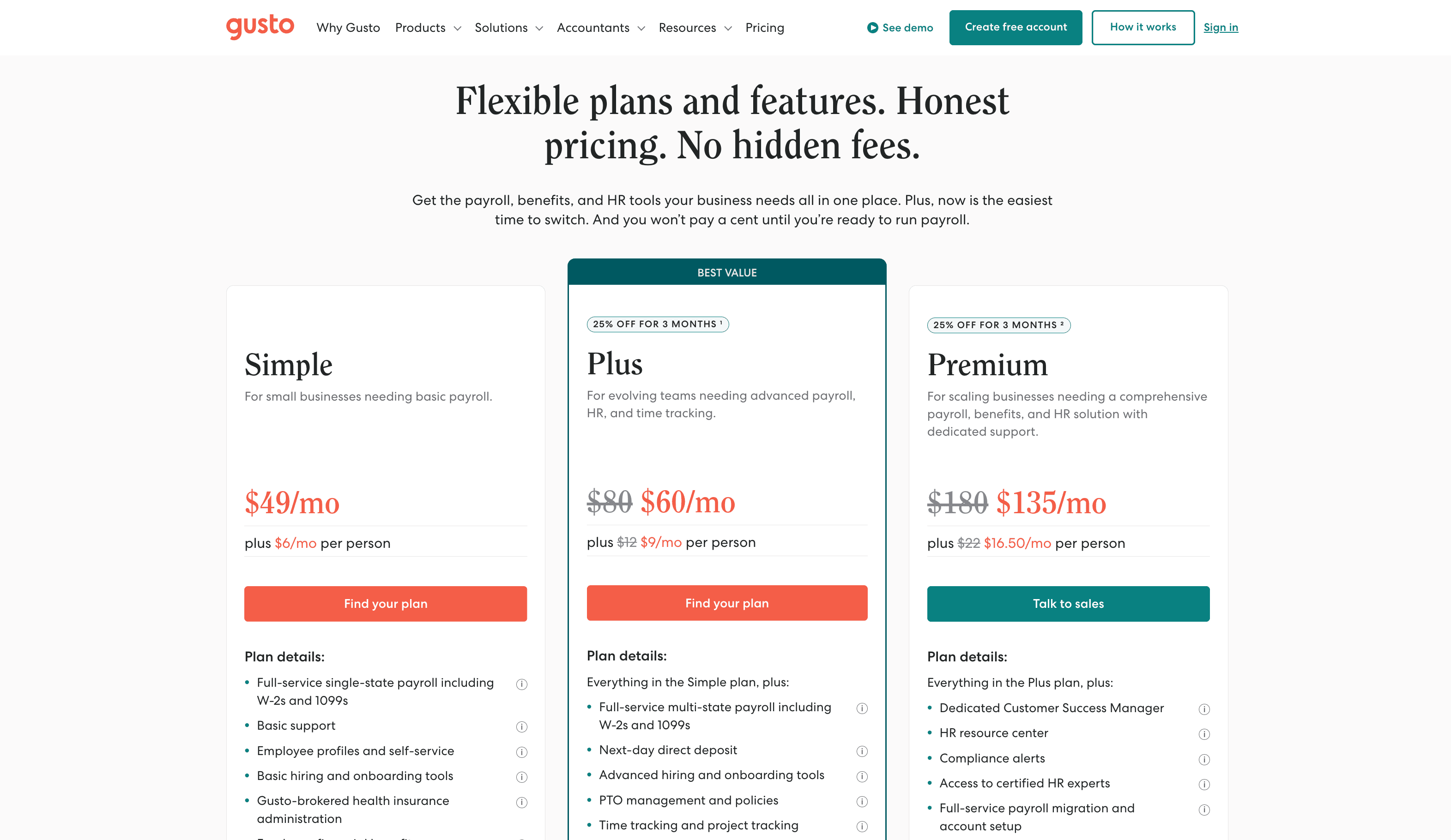 Gusto pricing page showing three plans: Simple, Plus, and Premium, with prices and plan details for each.