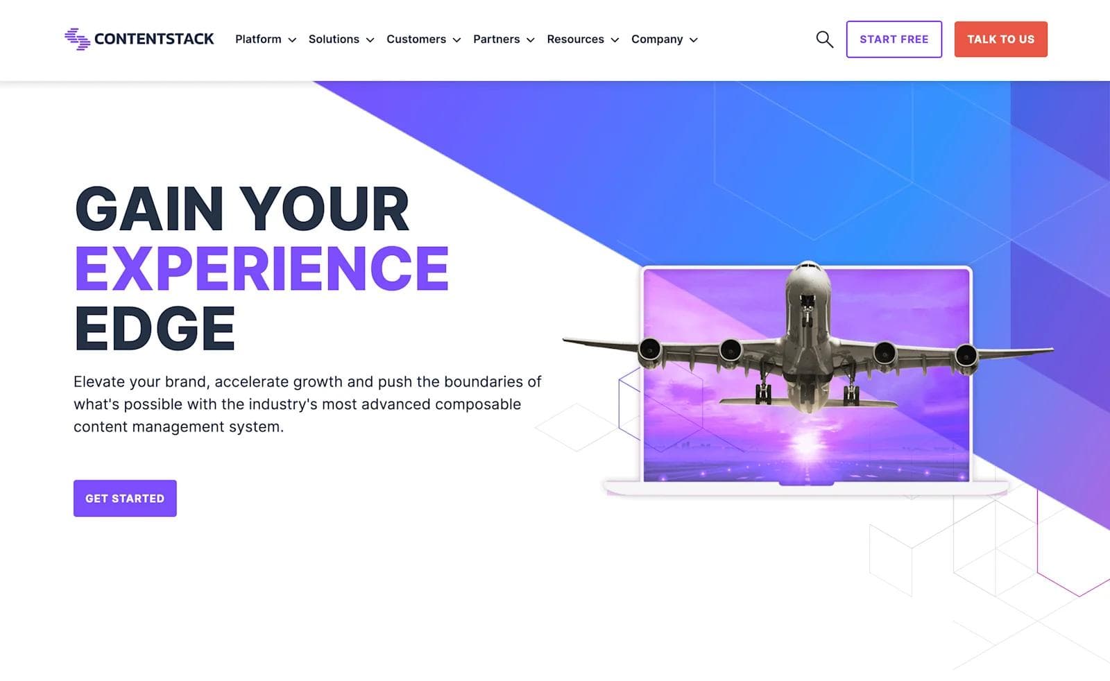contentstack-website ContentStack website promoting their composable content management system with an airplane image and bold text.