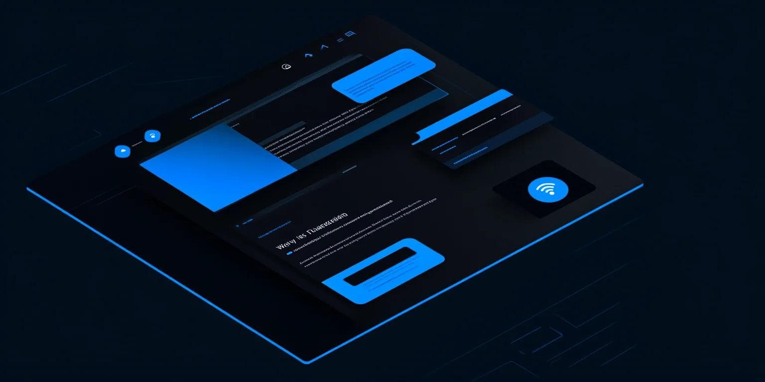 A modern, dark-themed user interface featuring blue elements, buttons, and a Wi-Fi icon on a black background.