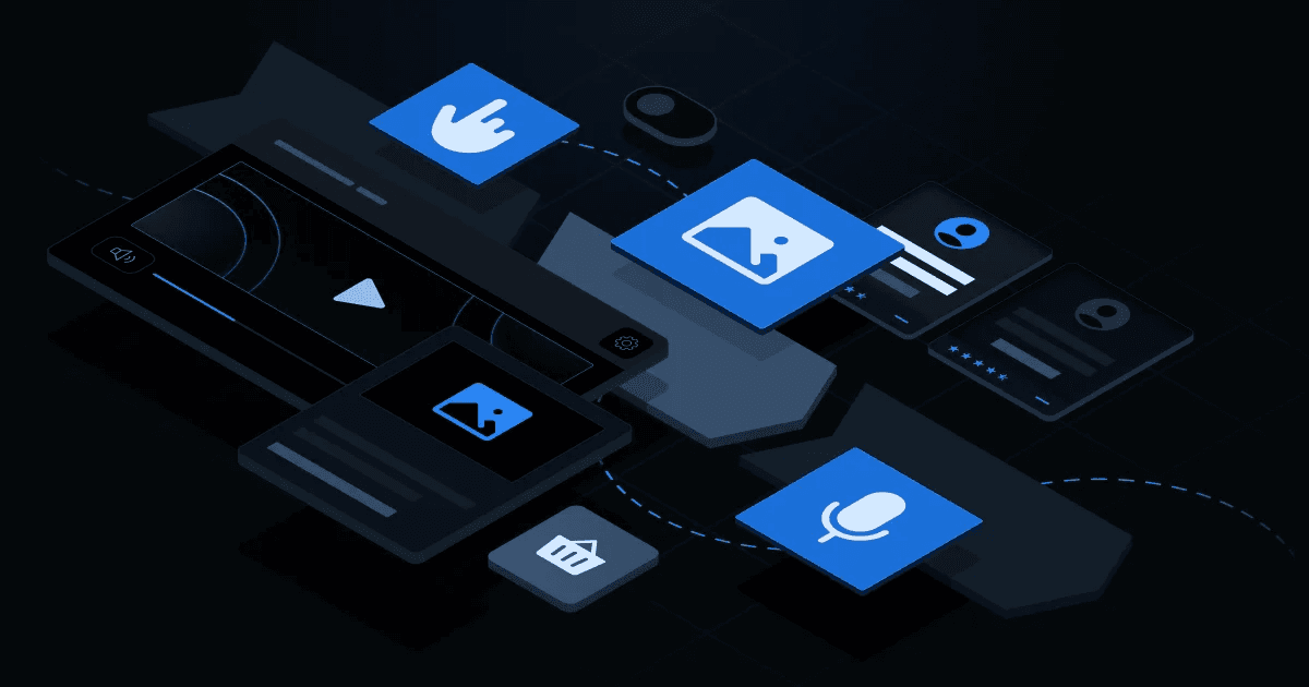 Abstract digital interface featuring various media icons on a dark background, including audio and image elements.