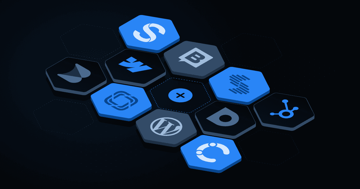 Hexagonal icons in blue and black representing various tech tools and platforms on a dark background.