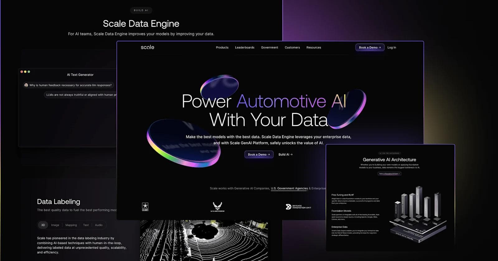 Scale-website Website design for Scale Data Engine, highlighting AI solutions for the automotive industry and data labeling services.
