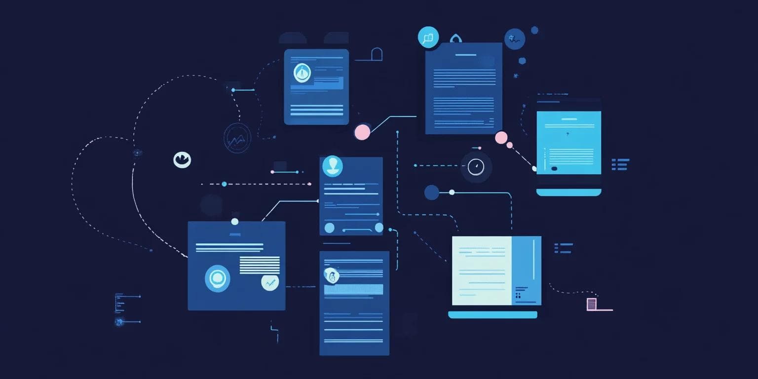 Abstract digital illustration of interconnected documents and devices, showcasing data flow and information exchange.