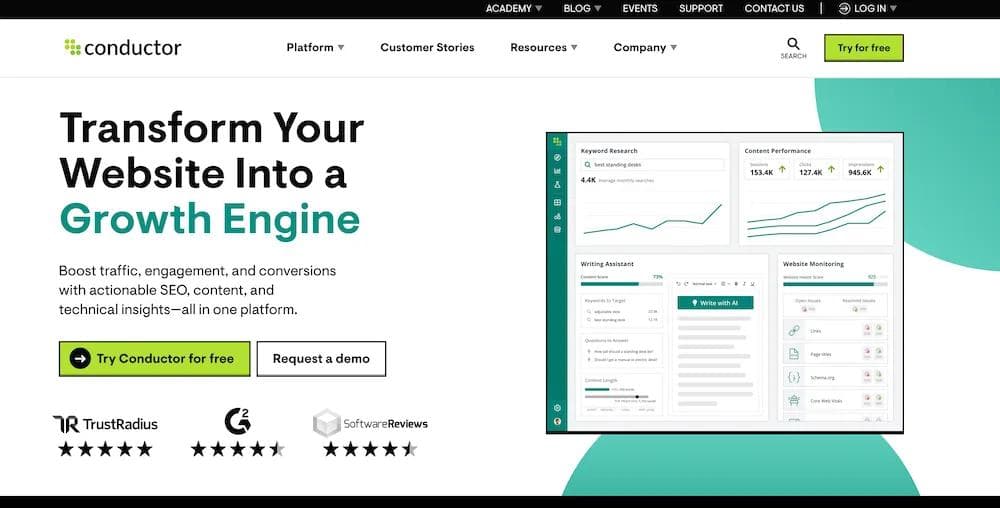 conductor Conductor webpage highlighting features for boosting website traffic, engagement, and conversions with SEO tools.