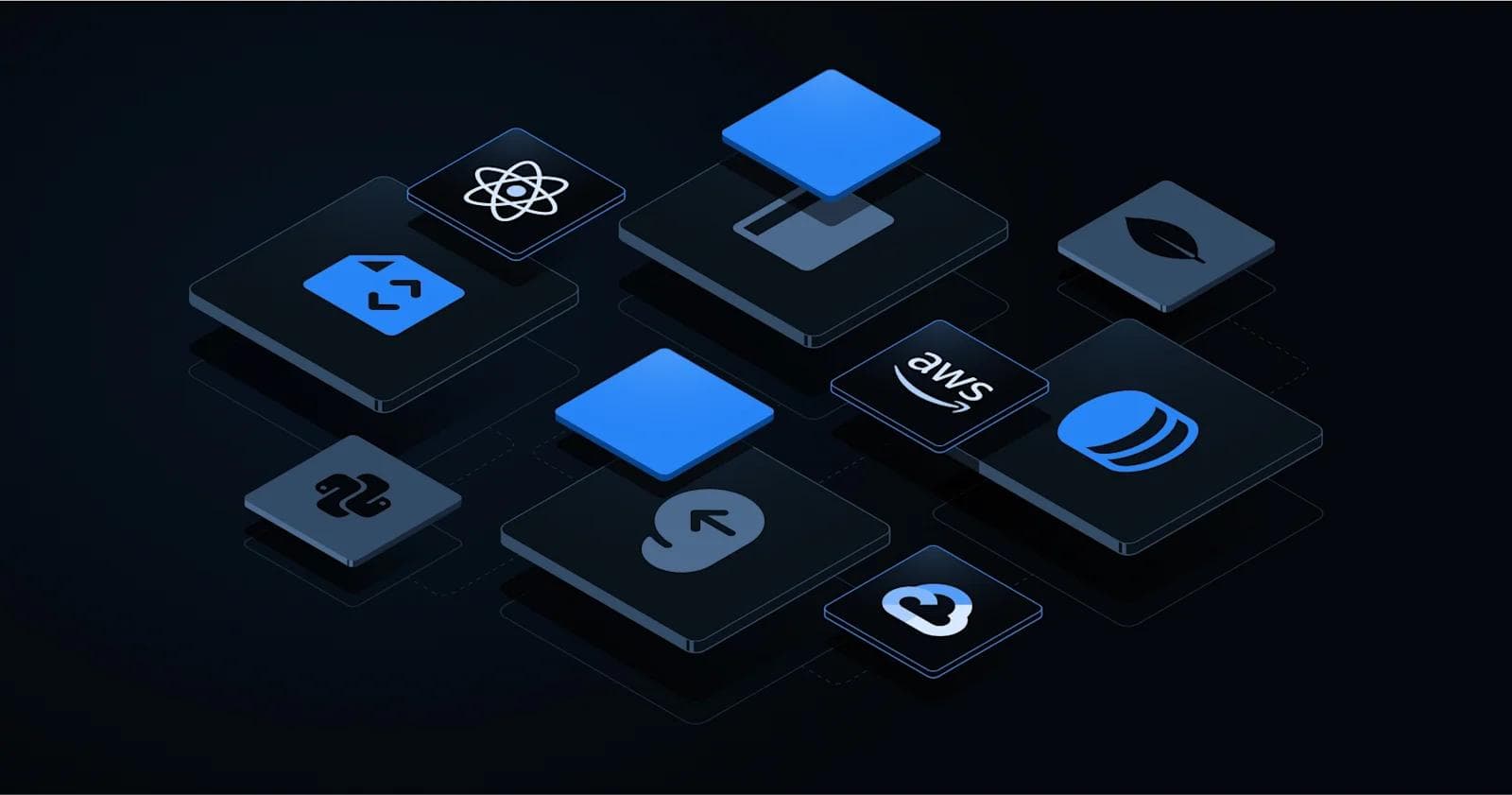 Enterprise Web Development Collection of tech icons on a dark background, representing various programming tools and services.