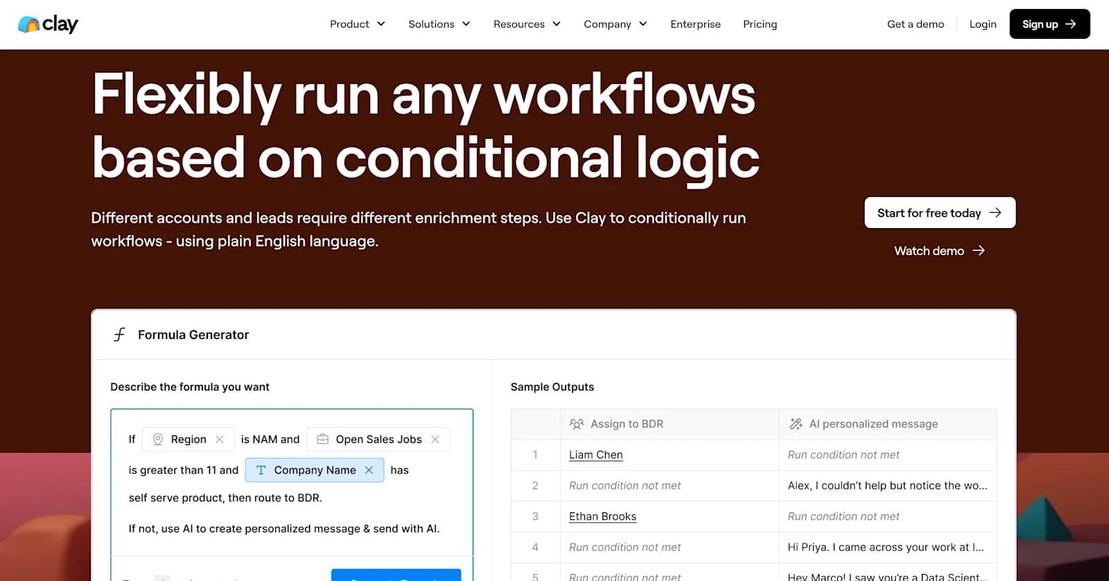 clay features Image of a digital platform showcasing a formula generator for conditional workflows and personalized messaging.