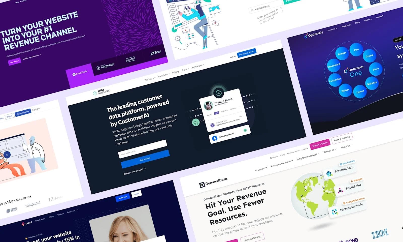 personalization tools Collage of marketing platform websites showcasing analytics, AI solutions, and customer engagement tools.