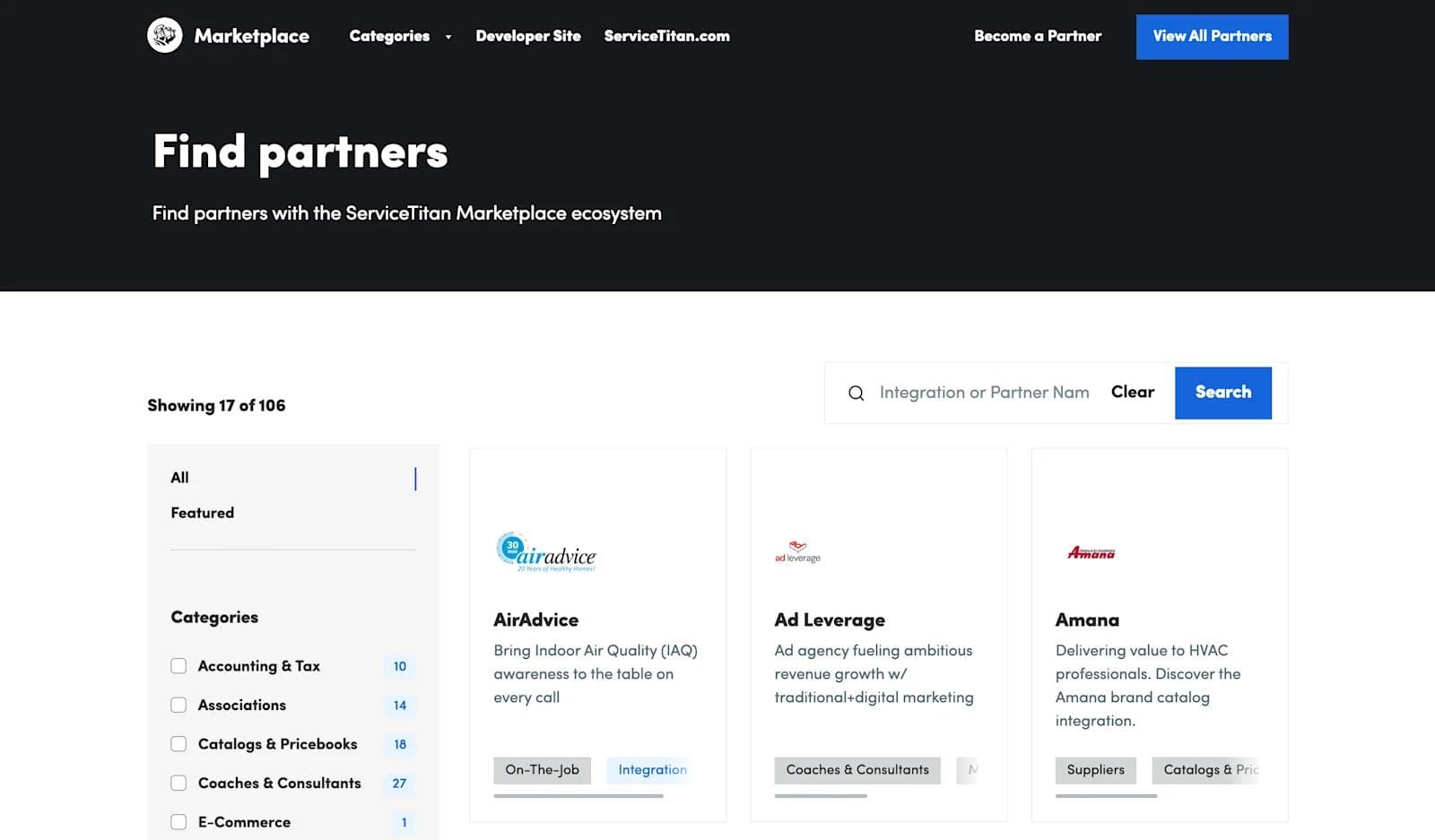 servicetitan partner marketplace Marketplace interface showing partner listings with categories and search bar for ServiceTitan ecosystem.