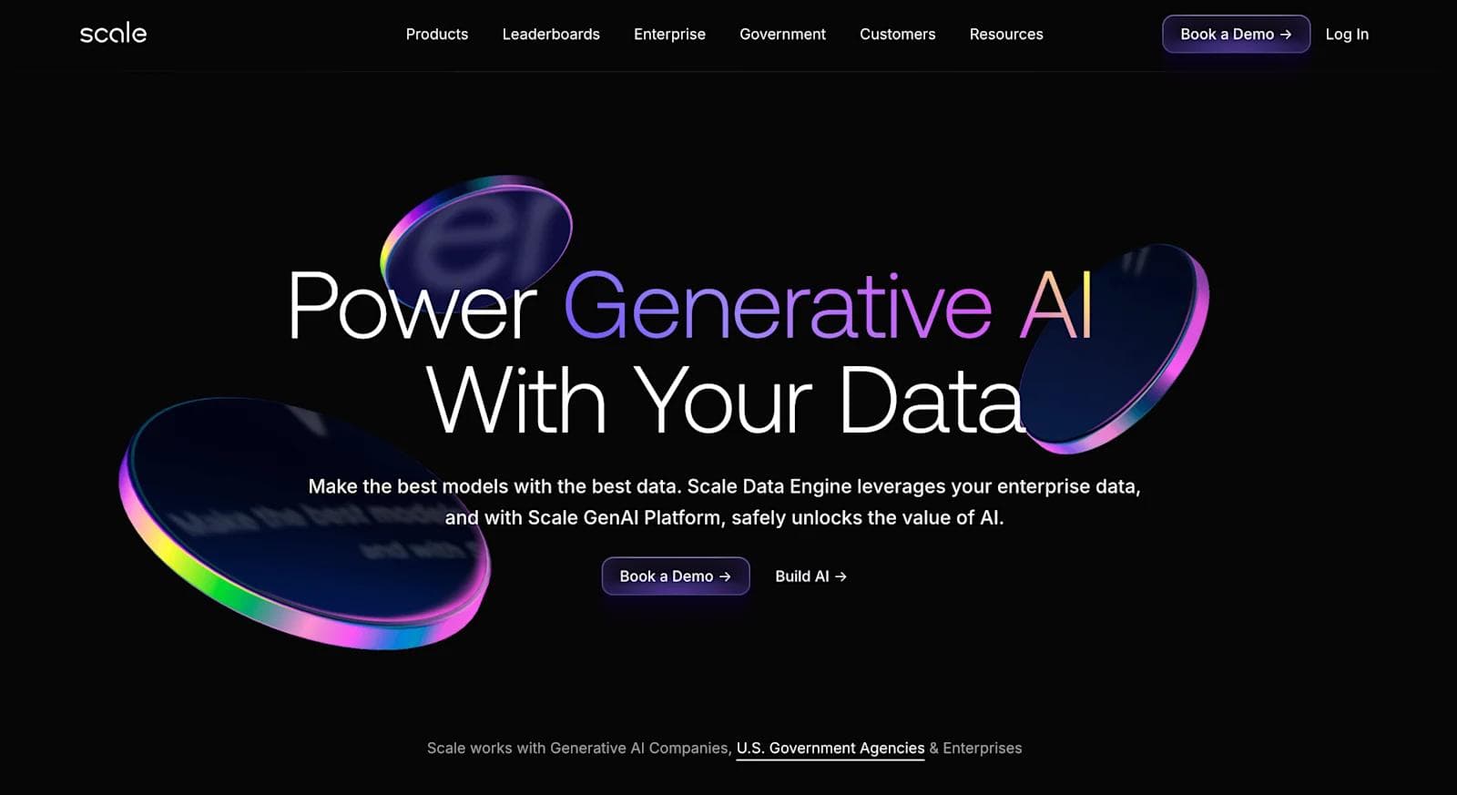 scale web design Homepage of Scale showcasing generative AI solutions with colorful graphics and a call to action for a demo.