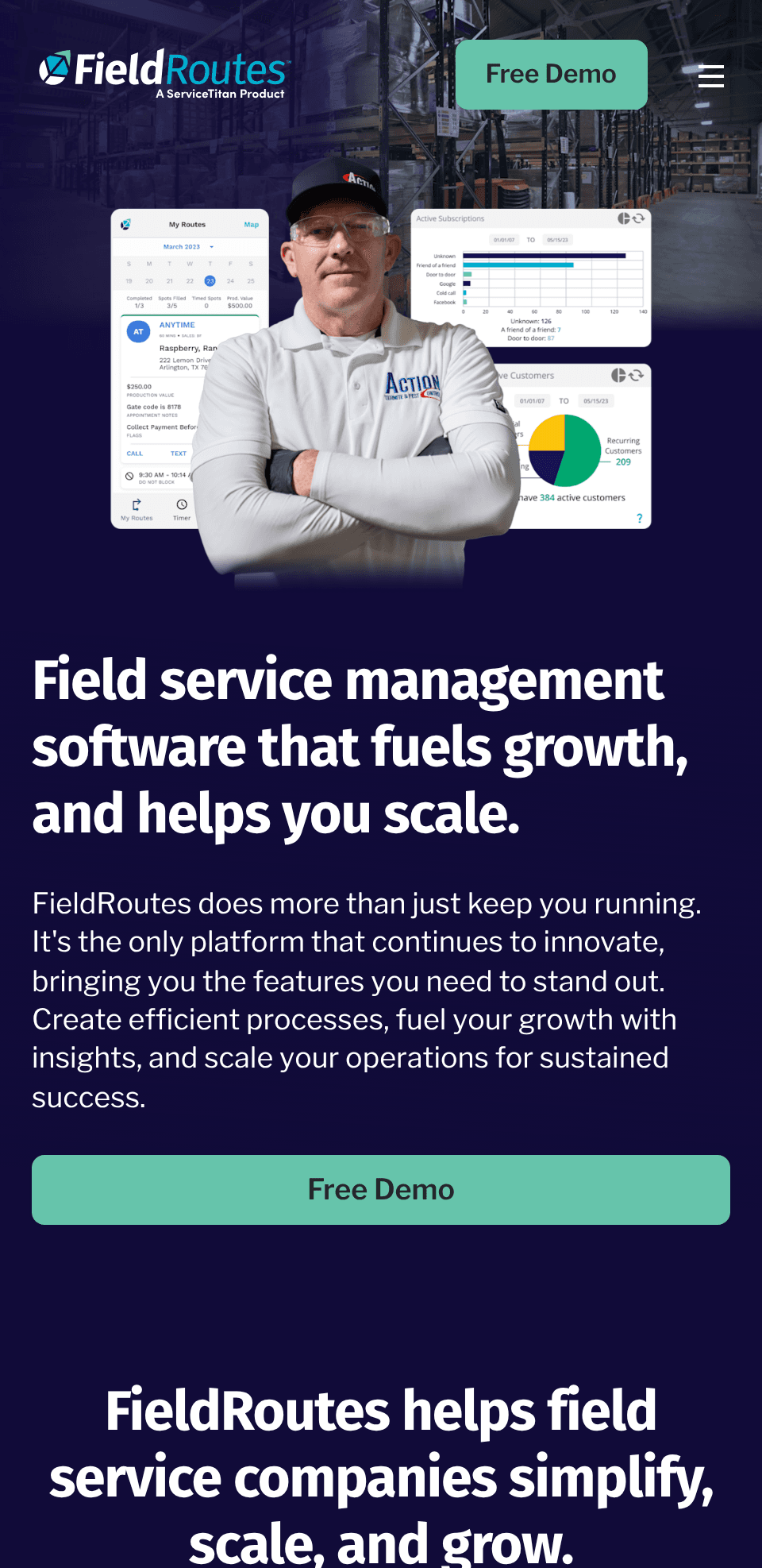 Screenshot of Fieldroutes Homepage on mobile