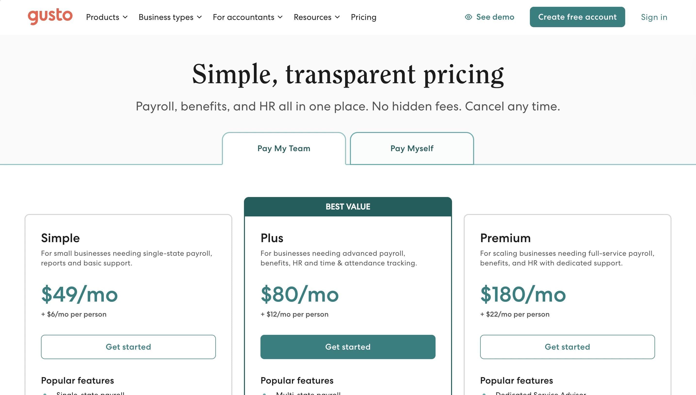 Gusto pricing page