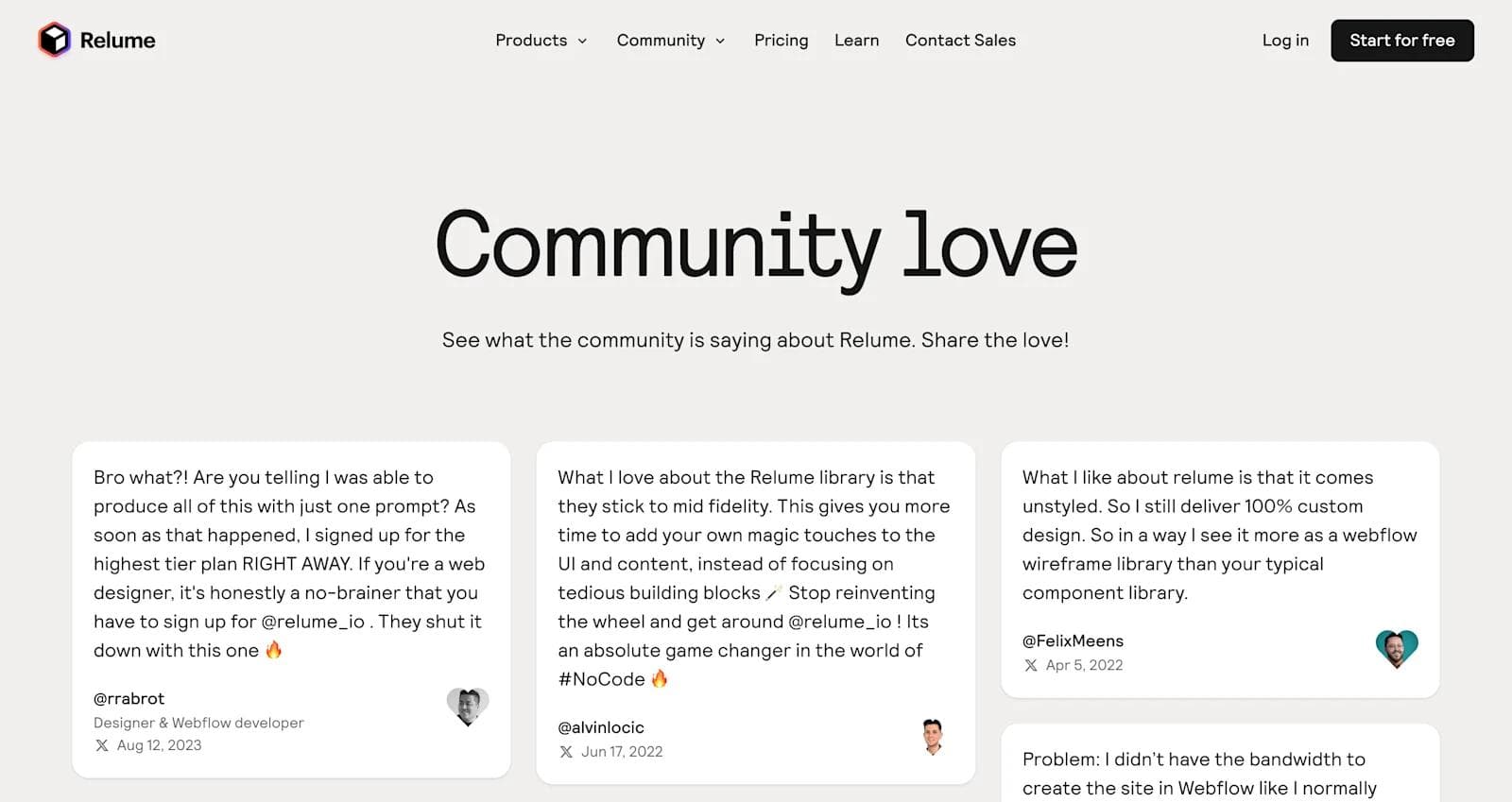 relume testimonials Community testimonials praising Relume for its design flexibility and impact on web development.