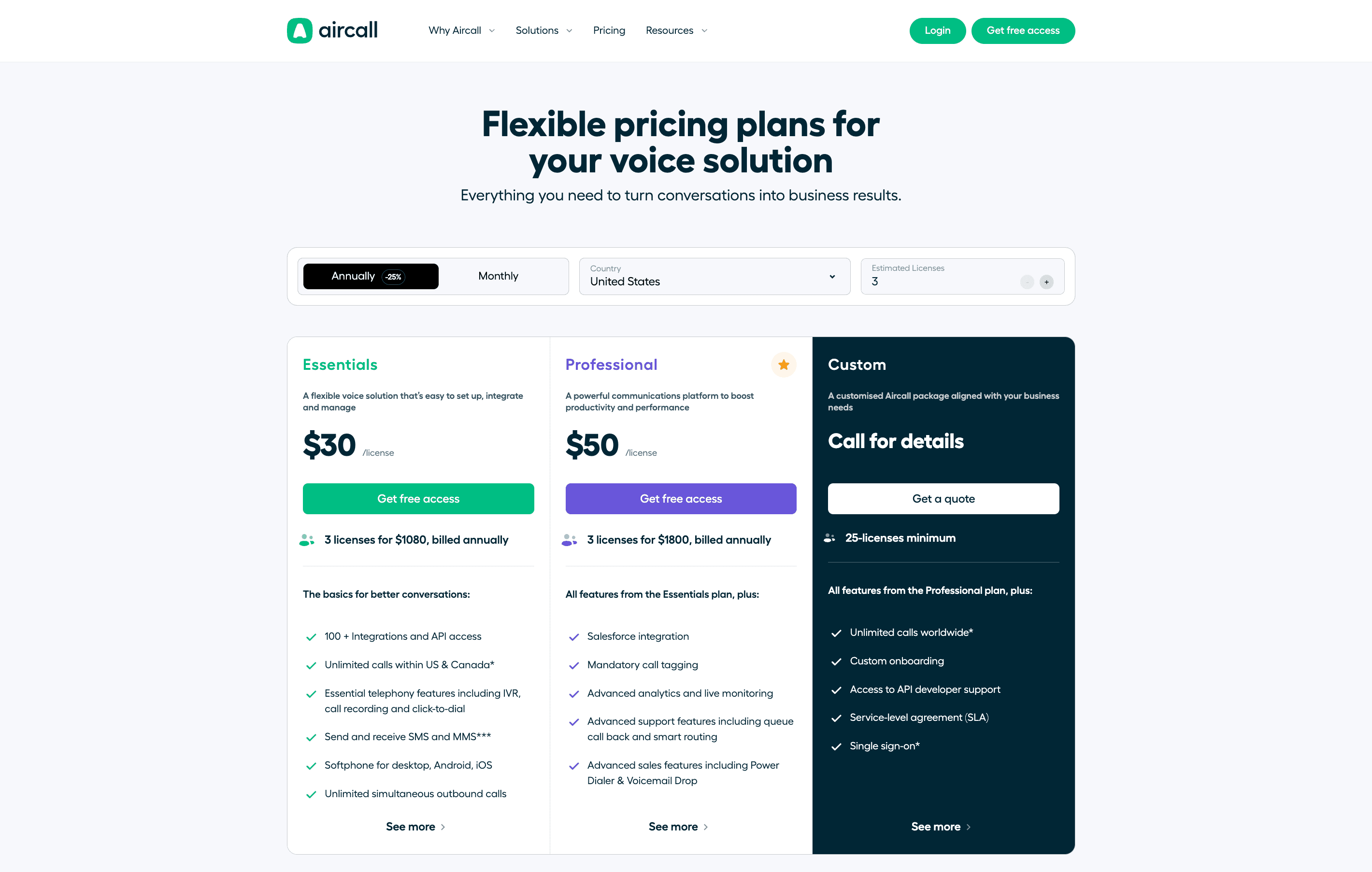 Pricing plans for Aircall’s voice solutions, detailing Essentials, Professional, and Custom options.