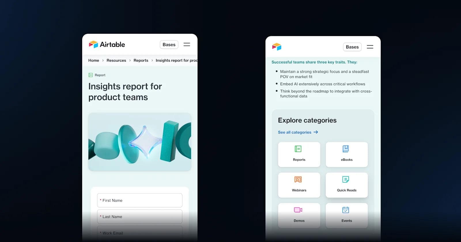 airtable lp Airtable webpage showcasing insights report for product teams with resource categories and a registration form.