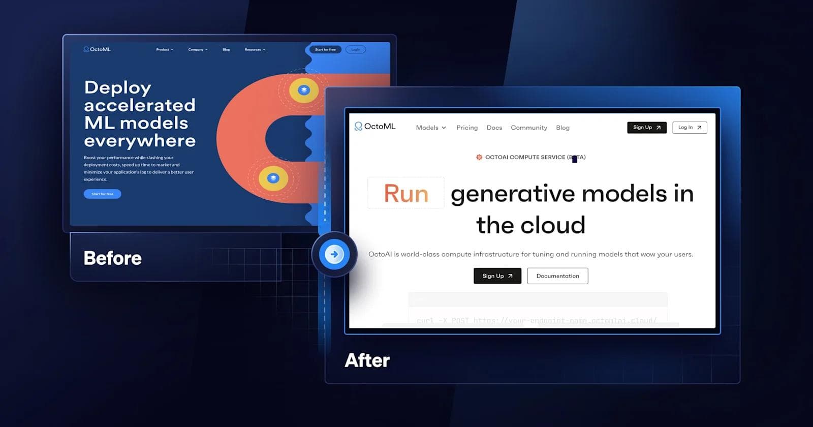 OctoML A before and after of OctoML's homepage.