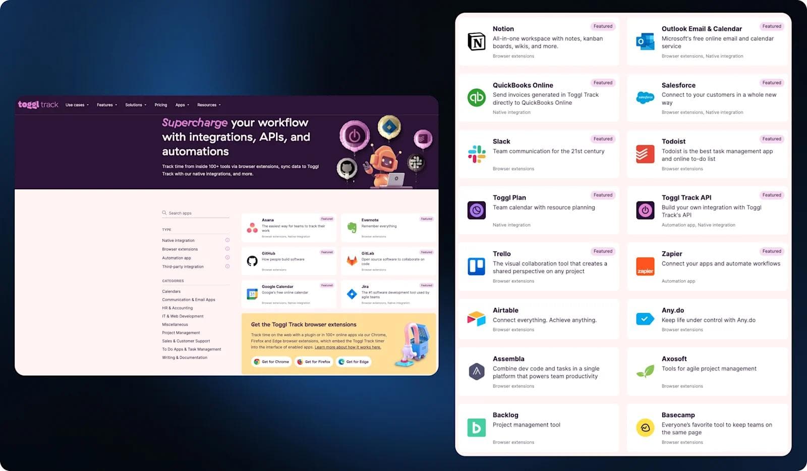 toggl integrations Screenshot of Toggl Track website, showcasing integrations with various productivity tools and APIs for workflow automation.