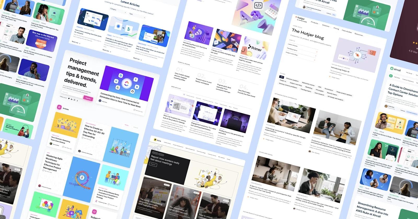 A collage of web pages showcasing articles, project management tips, and digital solutions with vibrant layouts.