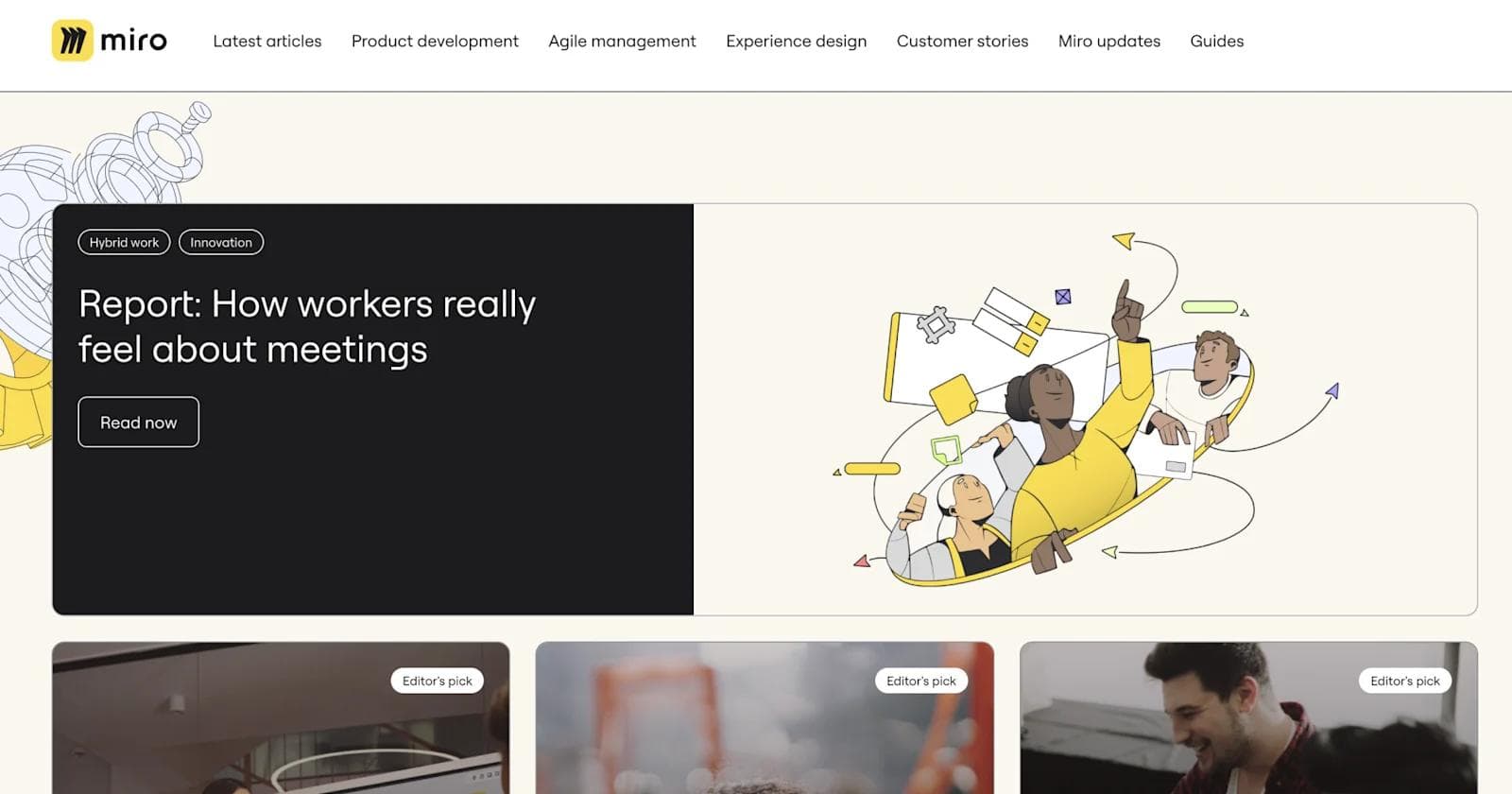 Miro-blog-design-example Miro website screenshot featuring a report on worker sentiments about meetings and illustrated characters celebrating.