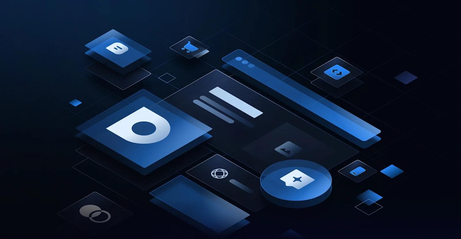 Abstract design featuring various blue icons and shapes layered on a dark background.