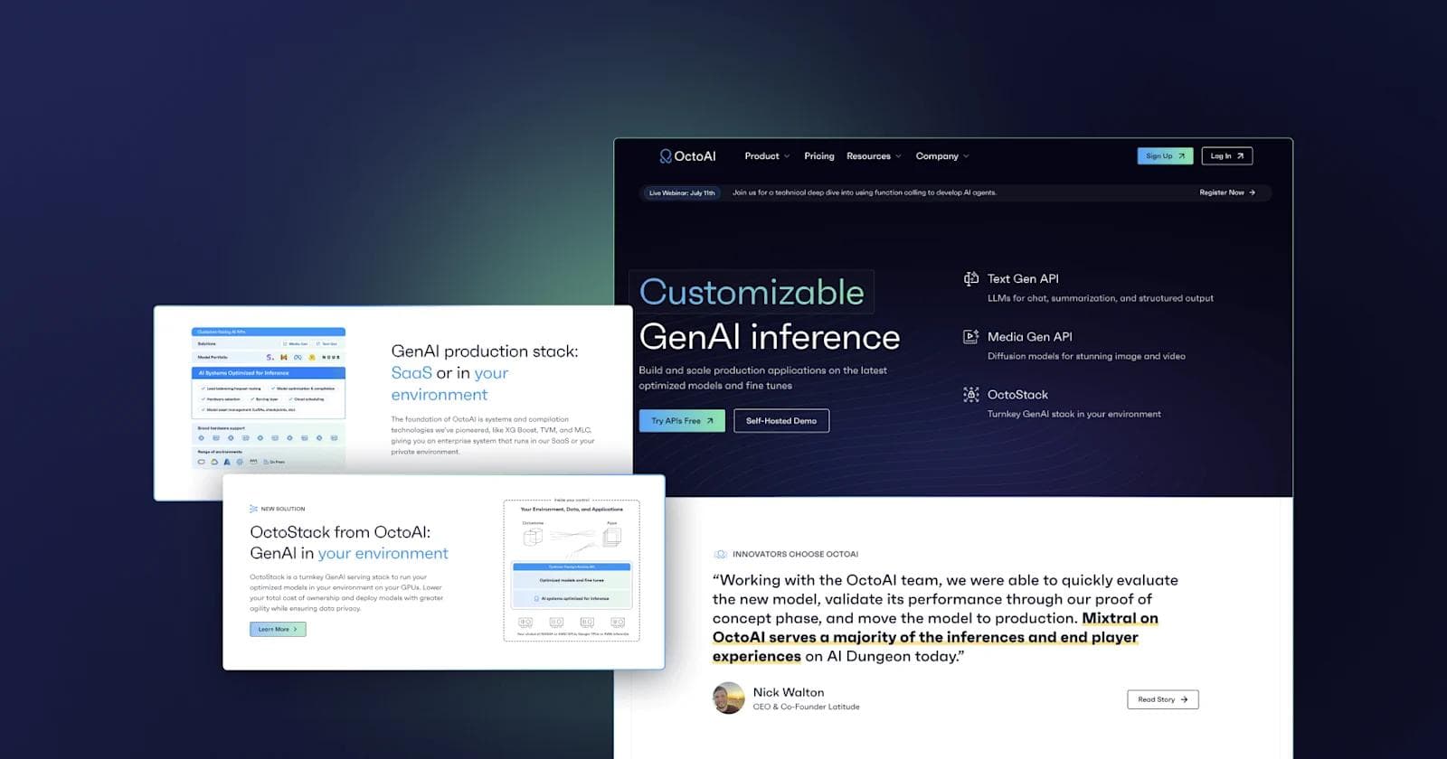 OctoAI-website OctoAI webpage showcasing customizable GenAI solutions and features like Text and Media Gen APIs.