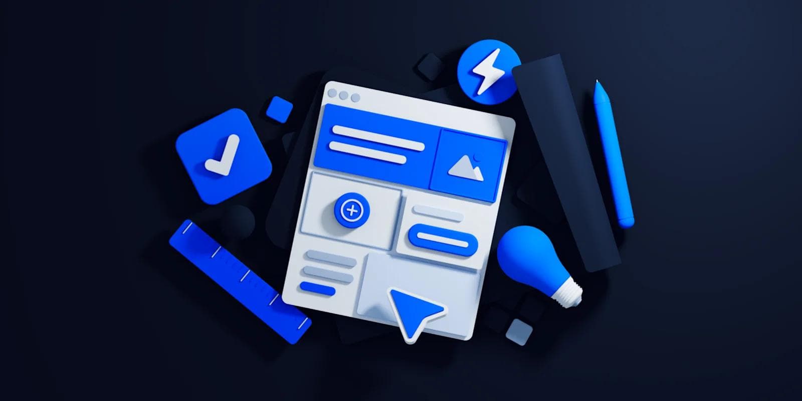 A collection of blue and white UI elements including buttons, icons, and a layout mockup on a dark background.