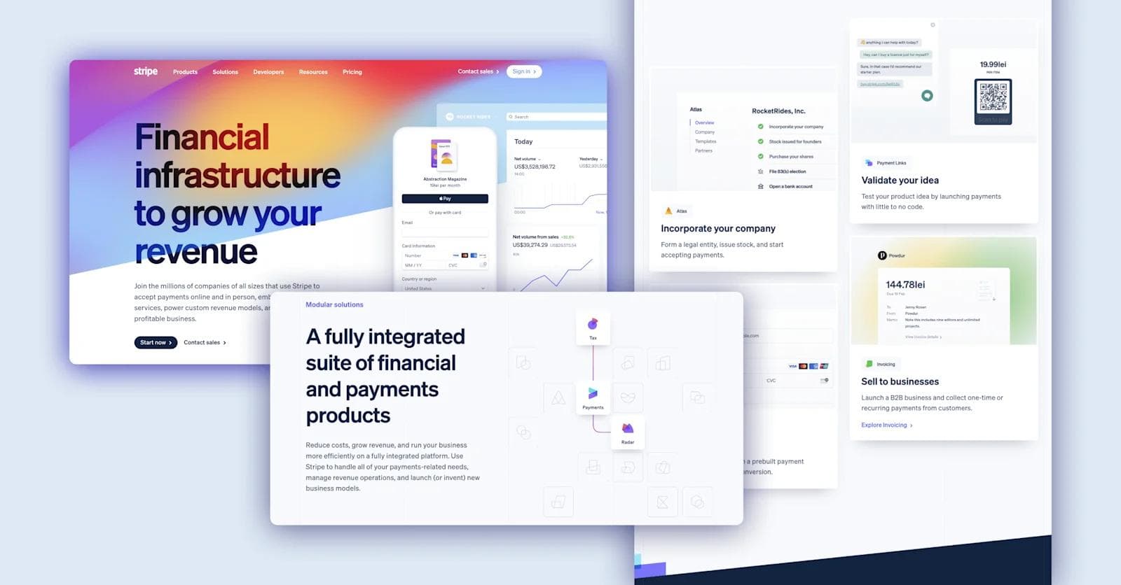 Stripe-Image Stripe's website showcases financial solutions for businesses, highlighting payment processing and revenue growth tools.